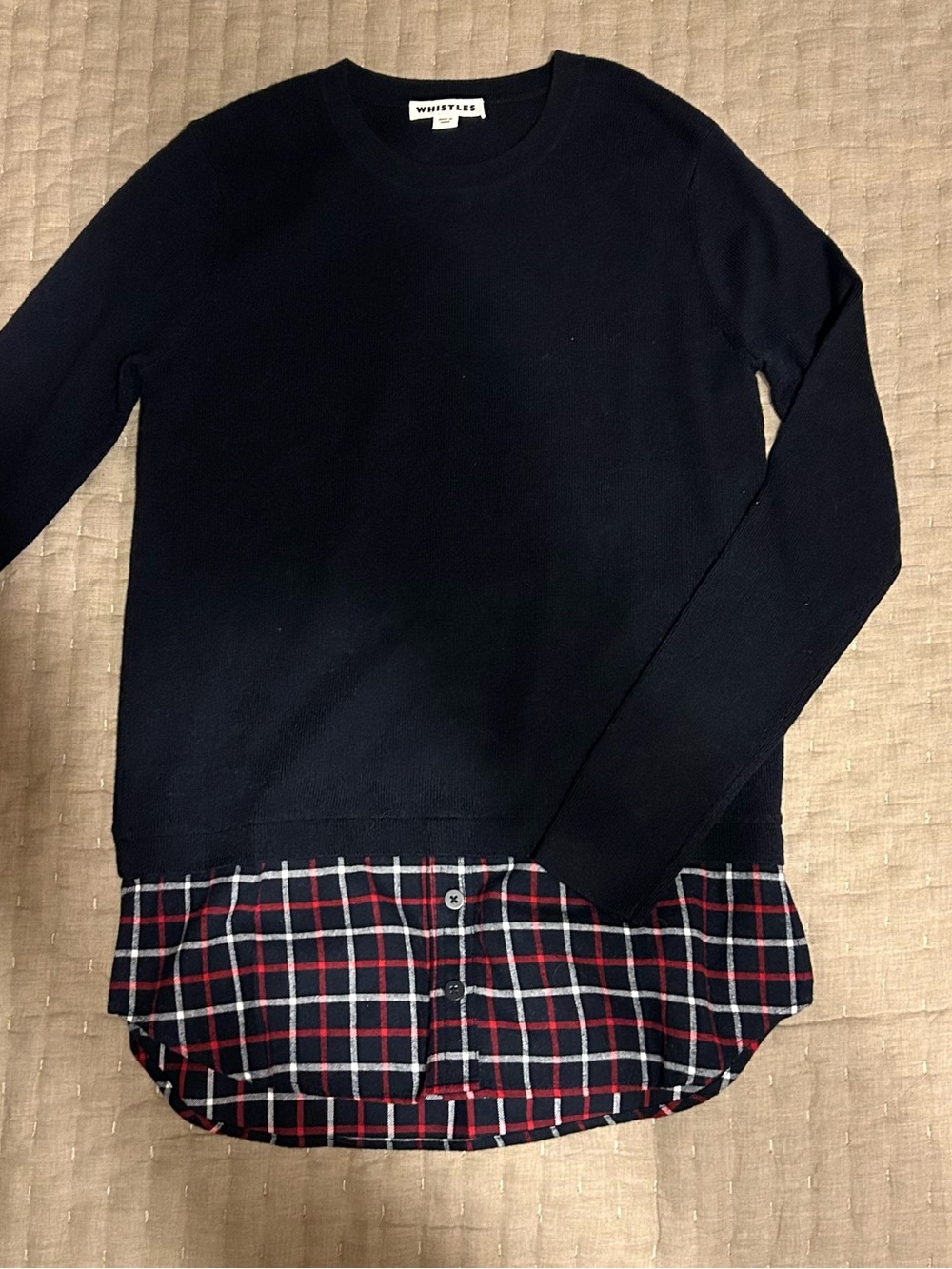 Whistles Navy Crewneck Sweater with Red & White Checked Hem